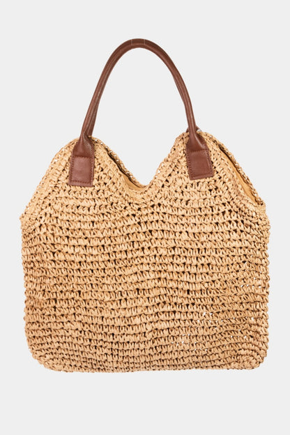 Fame Straw Braided Shoulder Bag with Faux Leather Strap