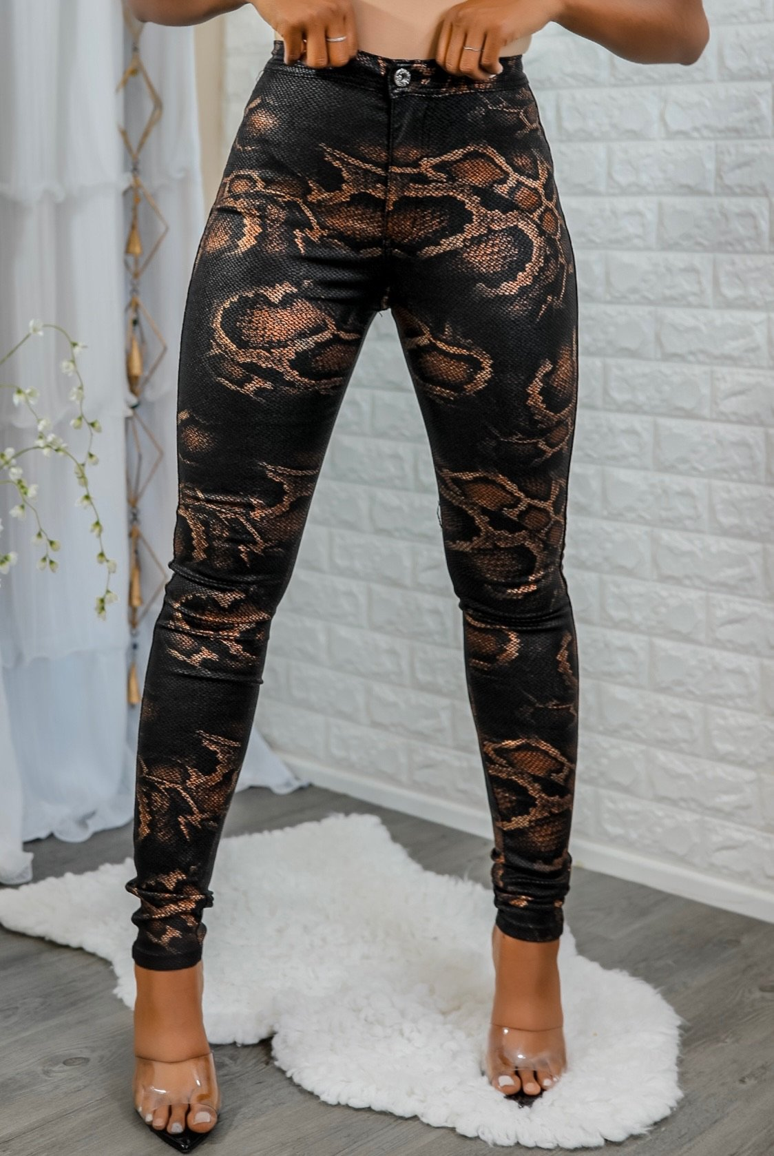 SurelyMine Coated Snake Print Skinny Jeans