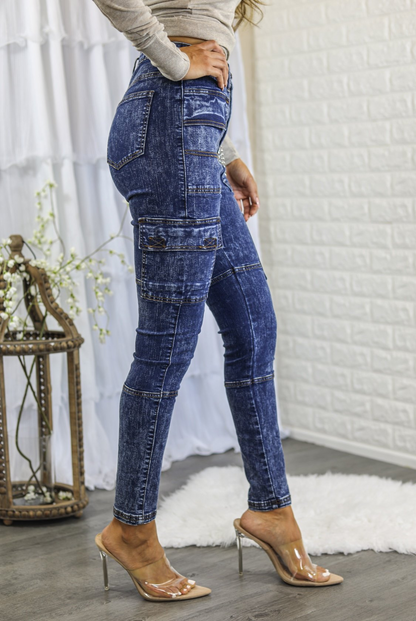 Mineral Wash High Waisted Cargo Style Skinny Jeans