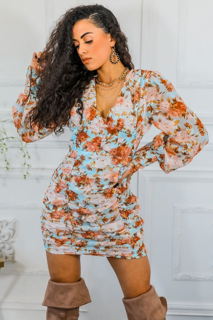 Rain of Flowers Bubble Sleeves Mini Dress