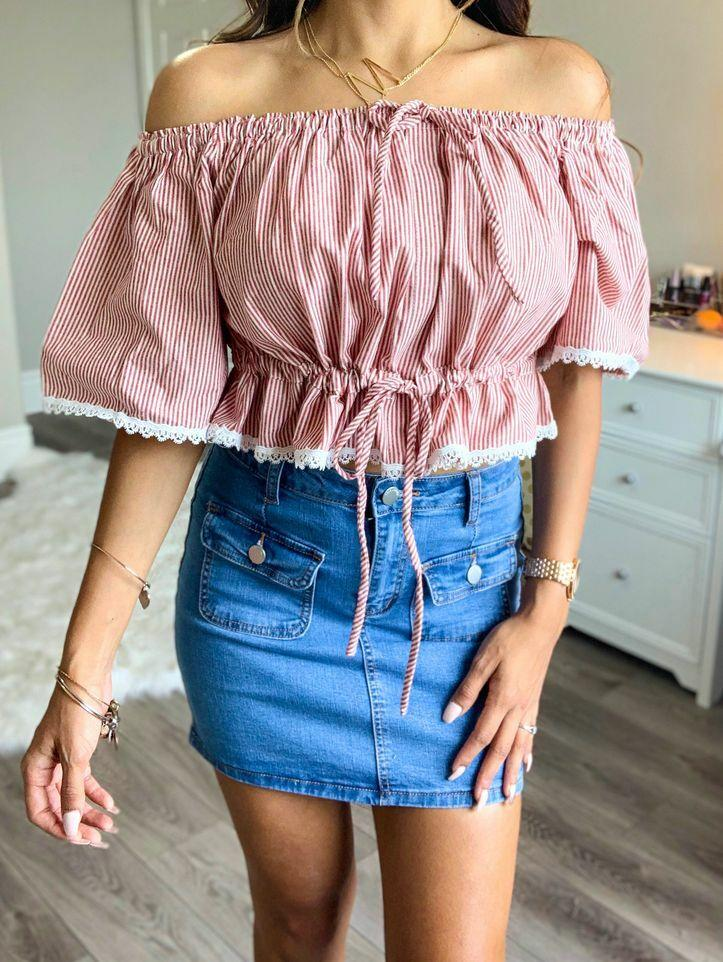 Have Some Fun Over the Shoulder Stripe Top with Lace Trim Details