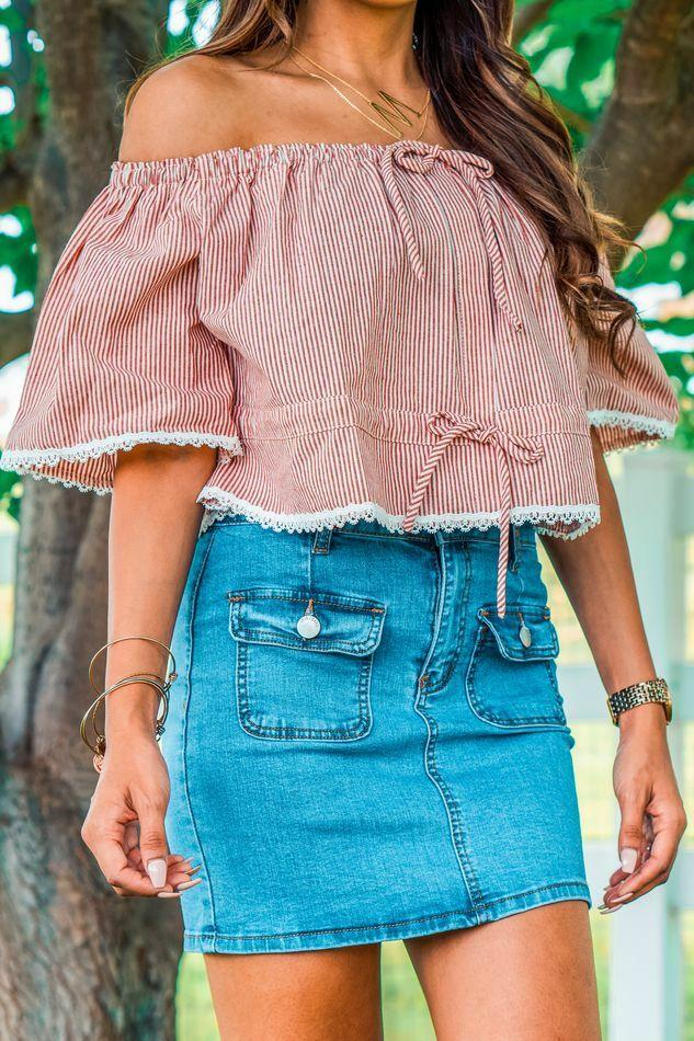 Have Some Fun Over the Shoulder Stripe Top with Lace Trim Details