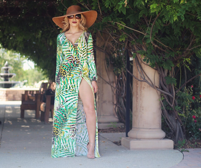 Palm Spring Deep V-Neck Long Sleeves with Side High Slit Maxi Dress