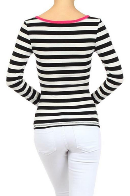 Stripes Top With Colored Hem at Neck and center Buttoning