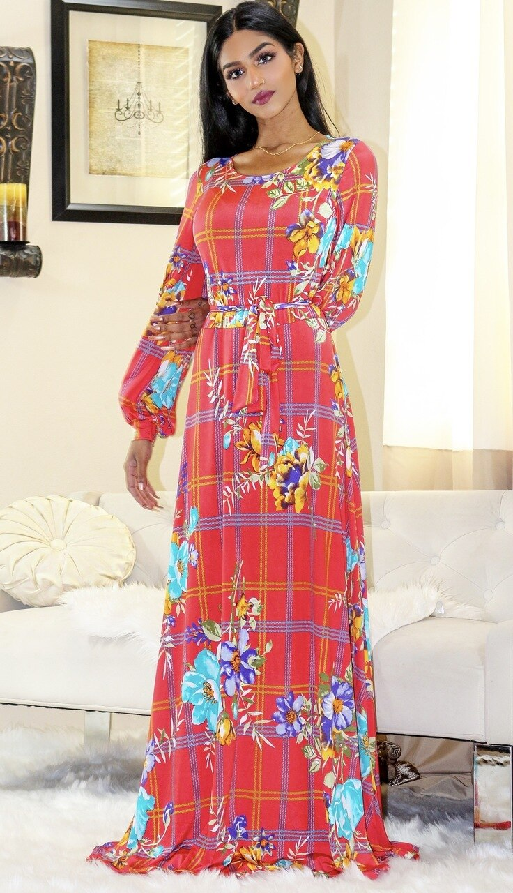 Venechia Print Round Neck Maxi Dress with long closed Bell Sleeves