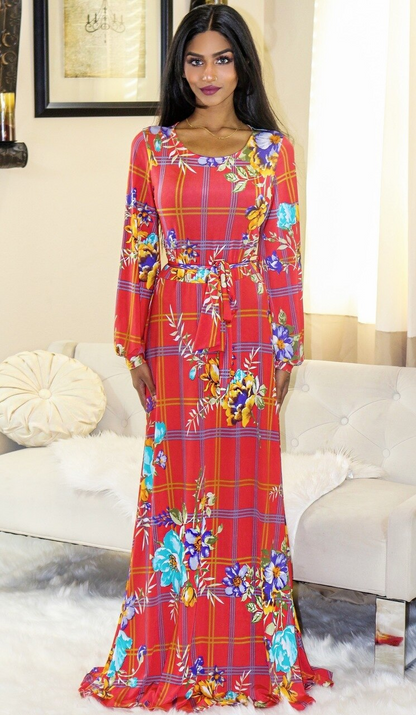 Venechia Print Round Neck Maxi Dress with long closed Bell Sleeves