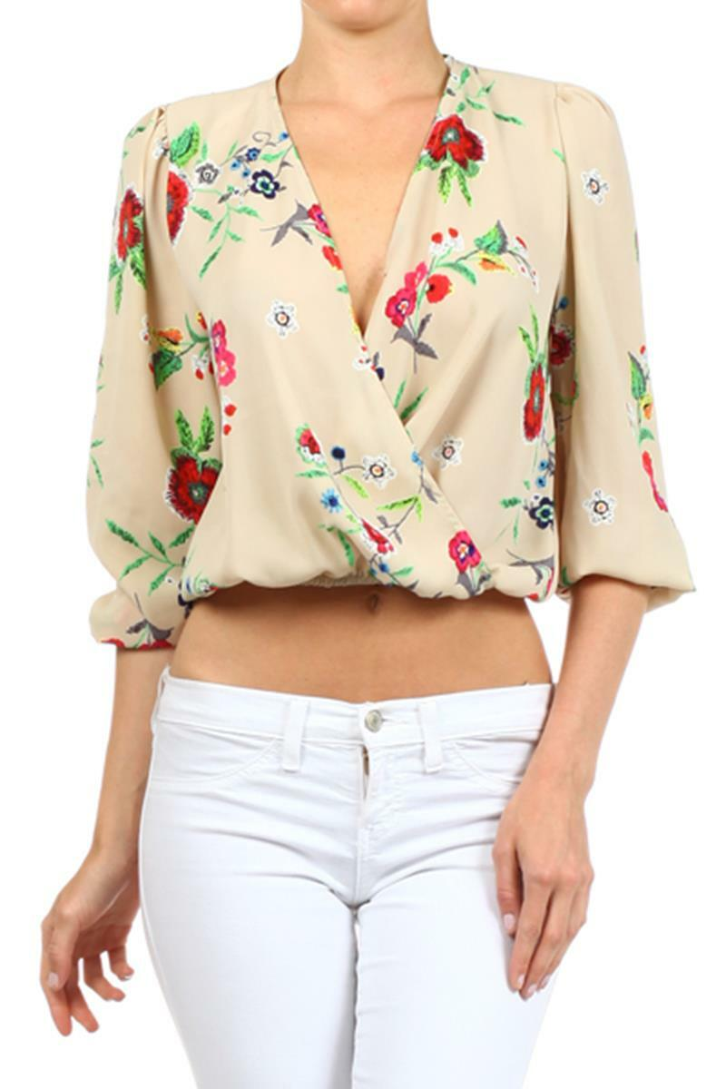 SurelyMine Floral Print Faux Wrap Blouse Taupe