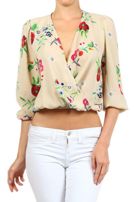 Blusa cruzada sintética con estampado floral Taupe