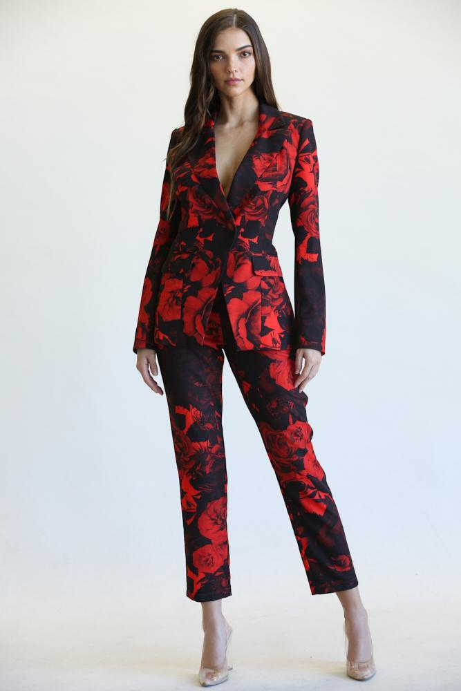 Tiva - Premium Vibrant Rose Print Blazer + Pant Ensemble