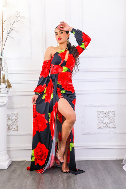 Las rosas son un vestido floral drapeado asimétrico rojo