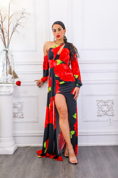 Las rosas son un vestido floral drapeado asimétrico rojo