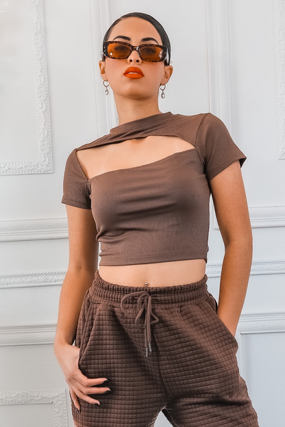 SurelyMine Asymmetrical Cut Out Ribbed Cropped Top