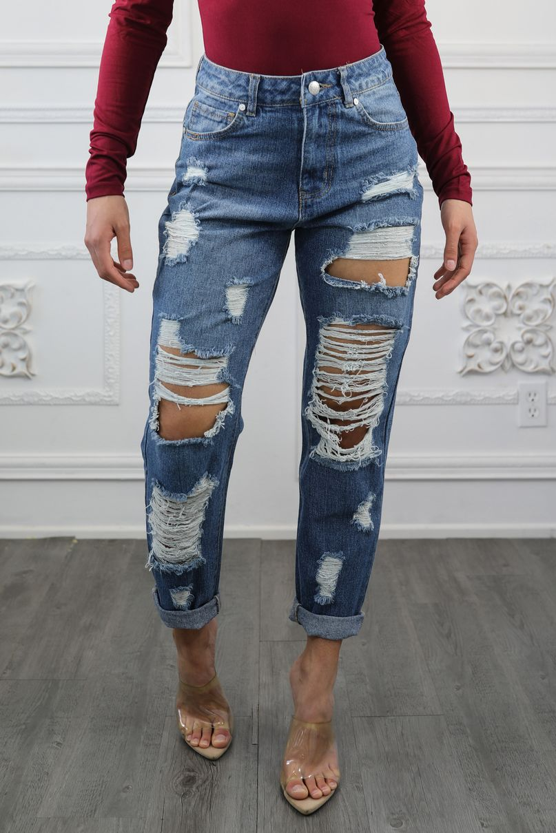 SurelyMine Destroyed and Ripped Maxed Out Boyfriend Jeans