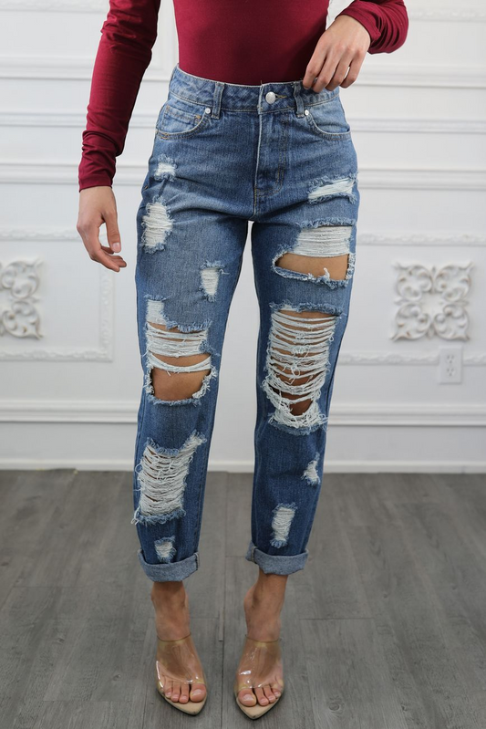 SurelyMine Destroyed and Ripped Maxed Out Boyfriend Jeans