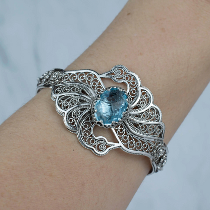 FiligranIst - Filigree Art Blue Topaz Gemstone Double Swan Figured Women Silver Cuff Bracelet