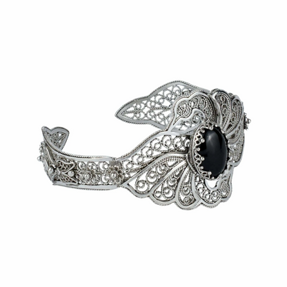 FiligranIst - Filigree Art Black Onyx Gemstone Double Swan Figured Women Silver Cuff Bracelet