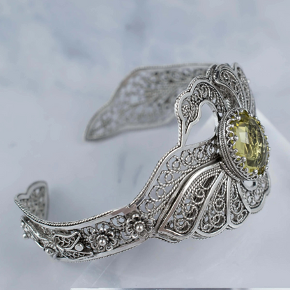 FiligranIst - Filigree Art Lemon Quartz Gemstone Double Swan Figured Women Silver Cuff Bracelet