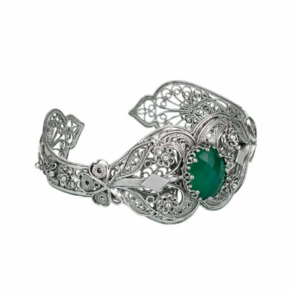 FiligranIst - Sterling Silver Filigree Art Green Agate Gemstone Women Cuff Bracelet