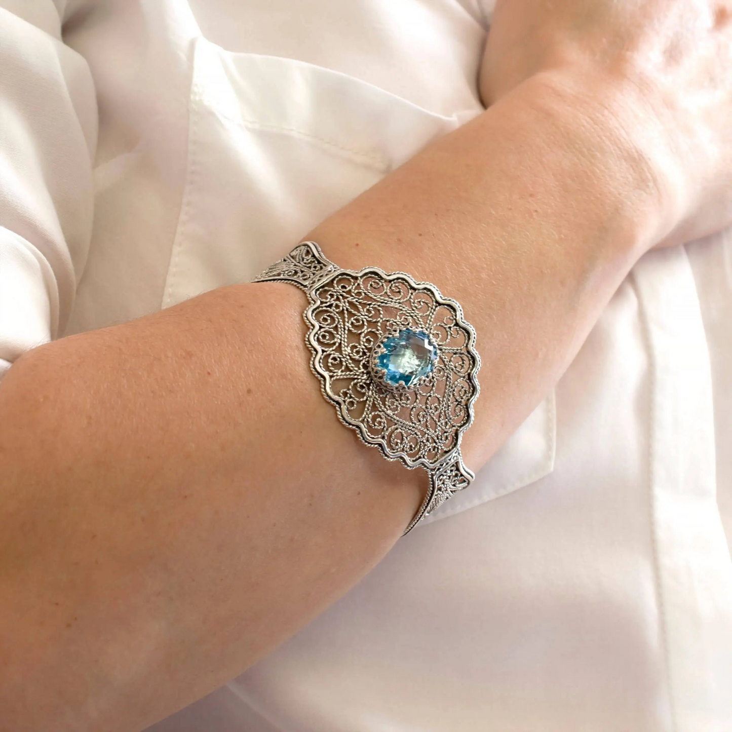 FiligranIst - Filigree Art Blue Topaz Gemstone Lace Detailed Women Silver Cuff Bracelet