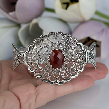 FiligranIst - Filigree Art Carnelian Gemstone Lace Detailed Women Silver Cuff Bracelet