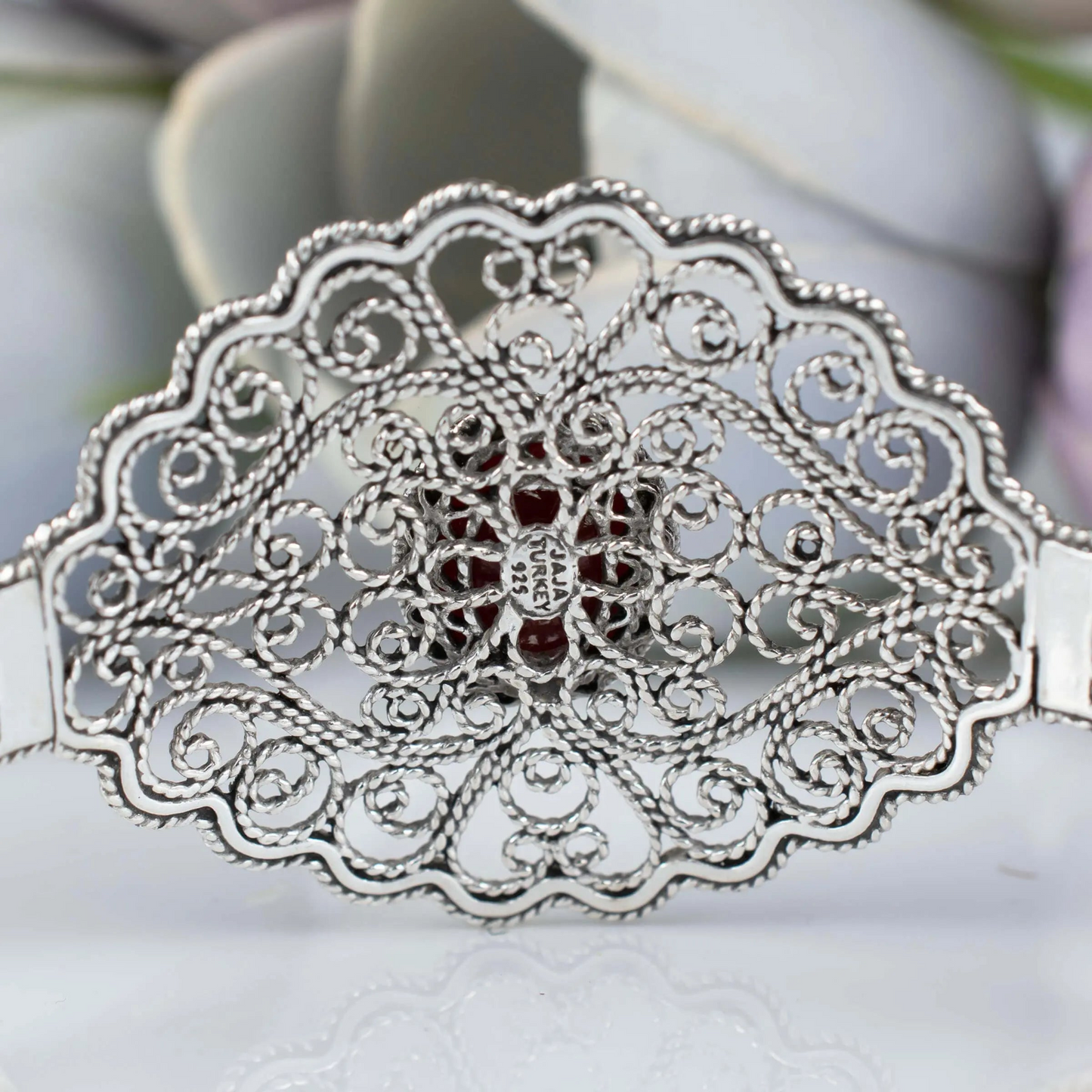 FiligranIst - Filigree Art Carnelian Gemstone Lace Detailed Women Silver Cuff Bracelet