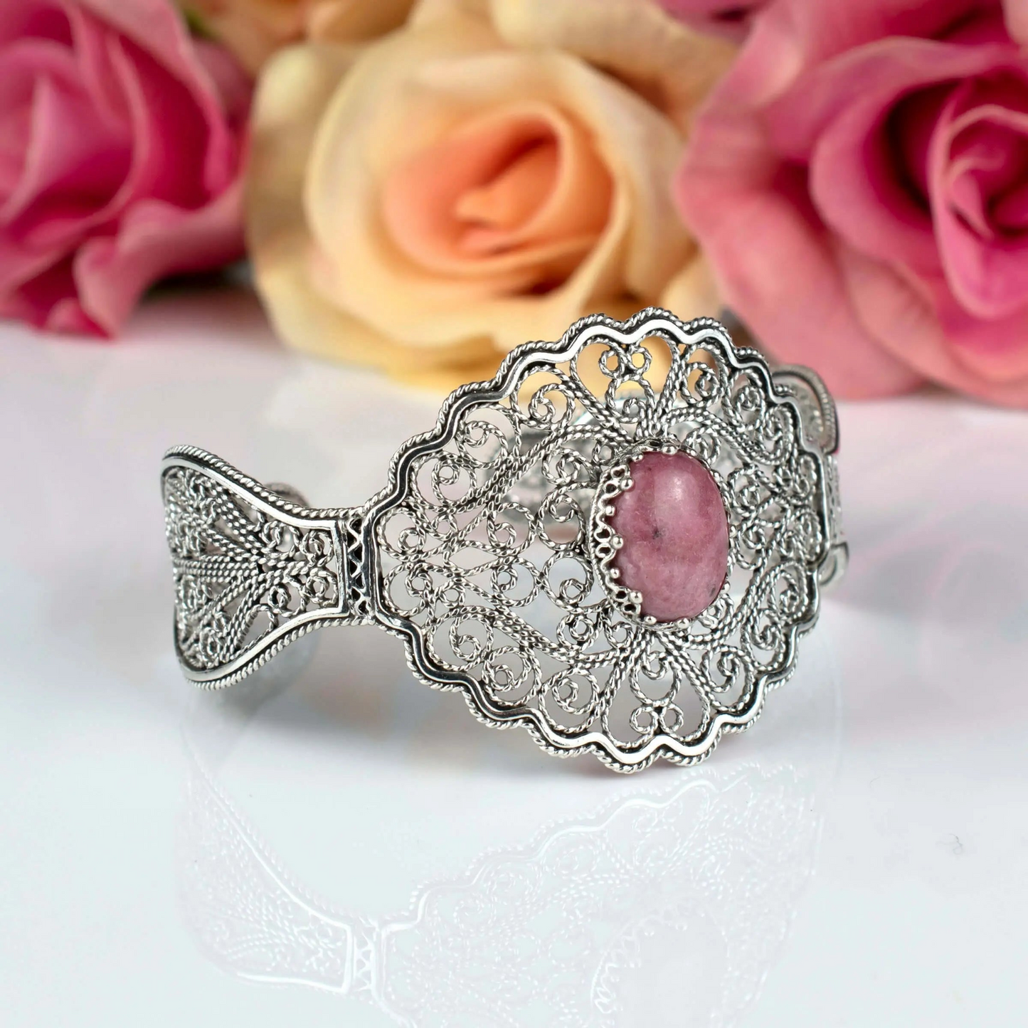 FiligranIst - Filigree Art Rhodonite Gemstone Lace Detailed Women Silver Cuff Bracelet