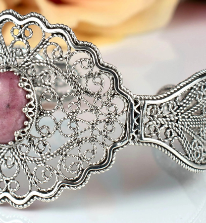 FiligranIst - Filigree Art Rhodonite Gemstone Lace Detailed Women Silver Cuff Bracelet