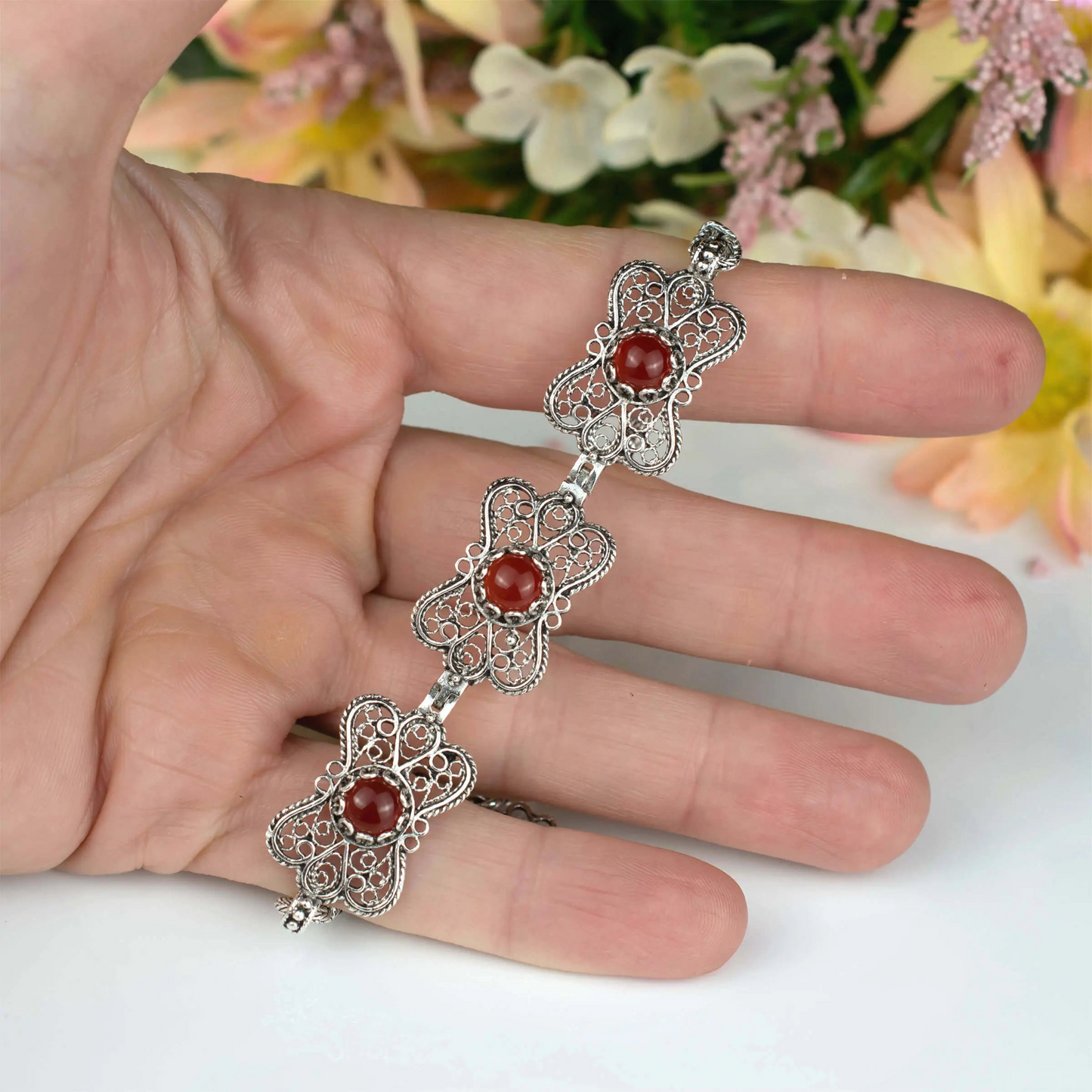 FiligranIst - Filigree Art Carnelian Gemstone Women Butterfly Silver Link Bracelet