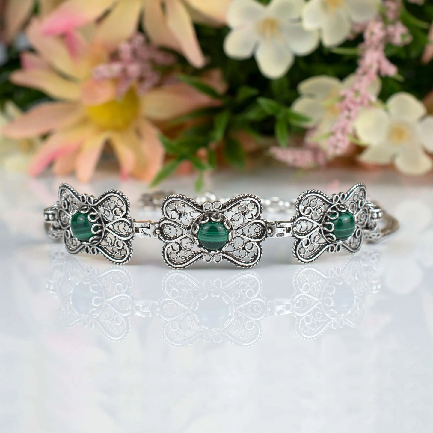 FiligranIst - Filigree Art Malachite Gemstone Women Butterfly Silver Link Bracelet