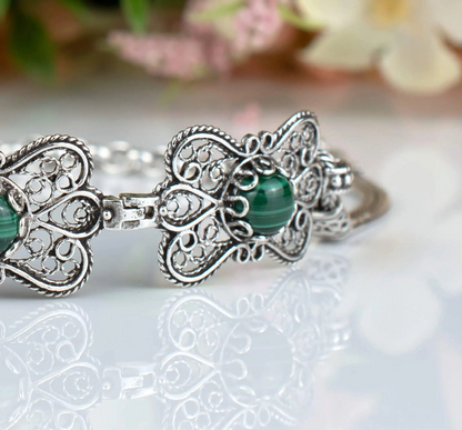 FiligranIst - Filigree Art Malachite Gemstone Women Butterfly Silver Link Bracelet