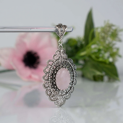 FiligranIst - Sterling Silver Filigree Art Rose Quartz Floral Oval Pendant Necklace