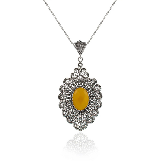 FiligranIst - Sterling Silver Filigree Art Yellow Agate Floral Oval Pendant Necklace