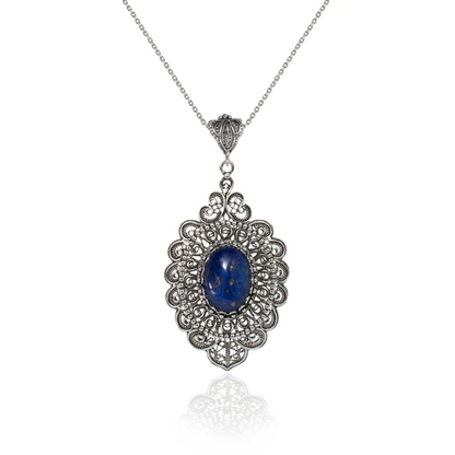 FiligranIst - Sterling Silver Filigree Art Lapis Lazuli Floral Oval Pendant Necklace