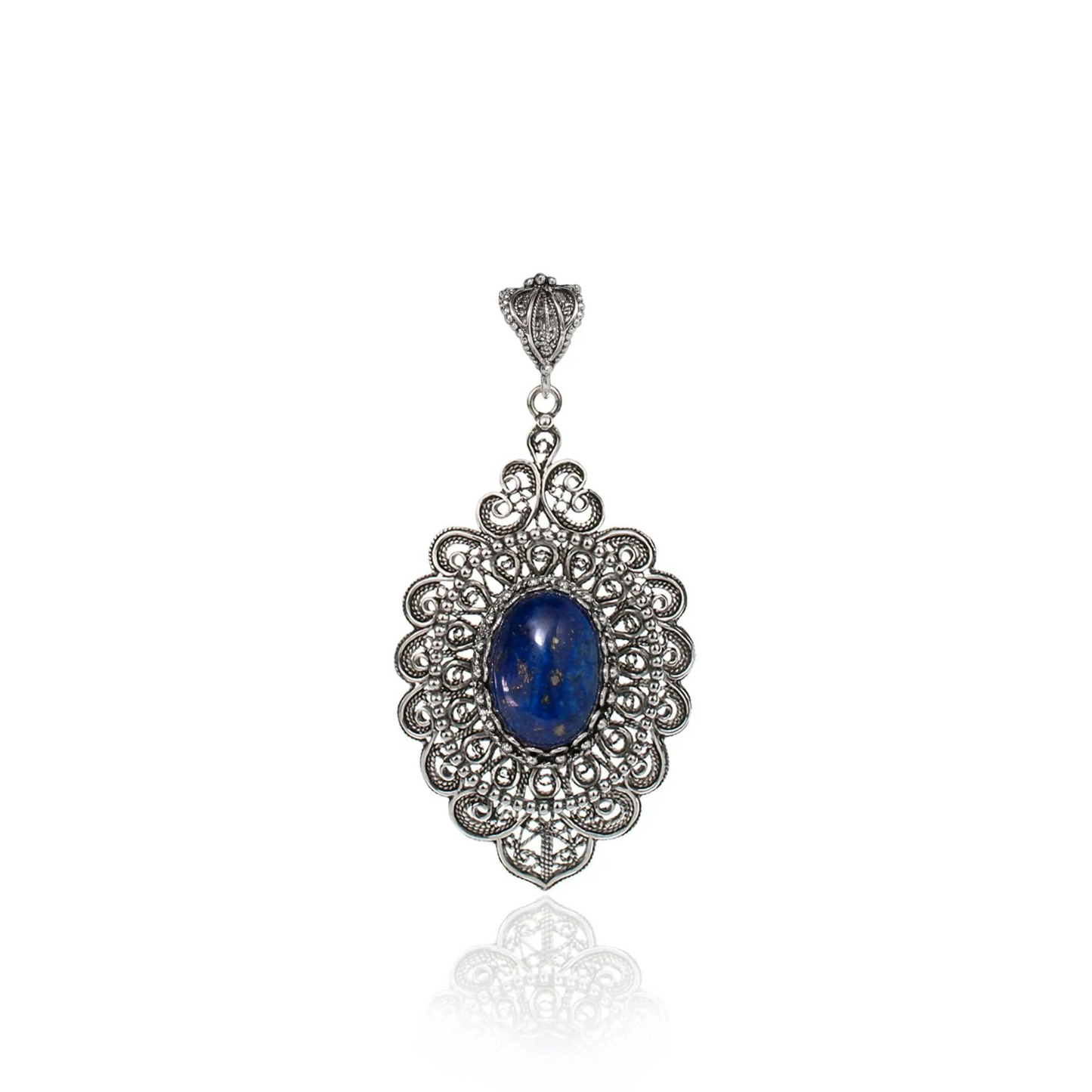 FiligranIst - Sterling Silver Filigree Art Lapis Lazuli Floral Oval Pendant Necklace