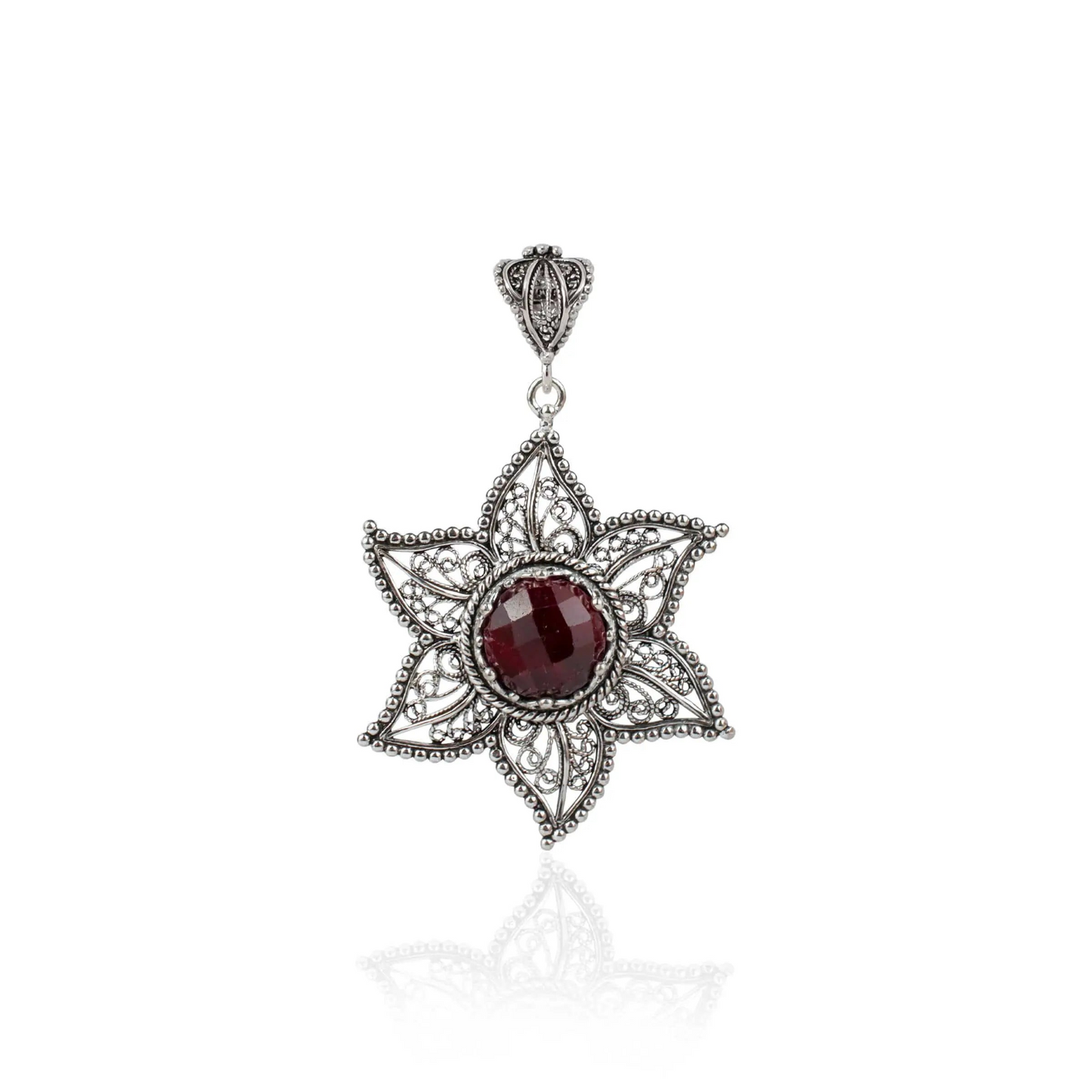 FiligranIst - Handcrafted Filigree Art Ruby Corundum Star Design Silver Pendant Necklace