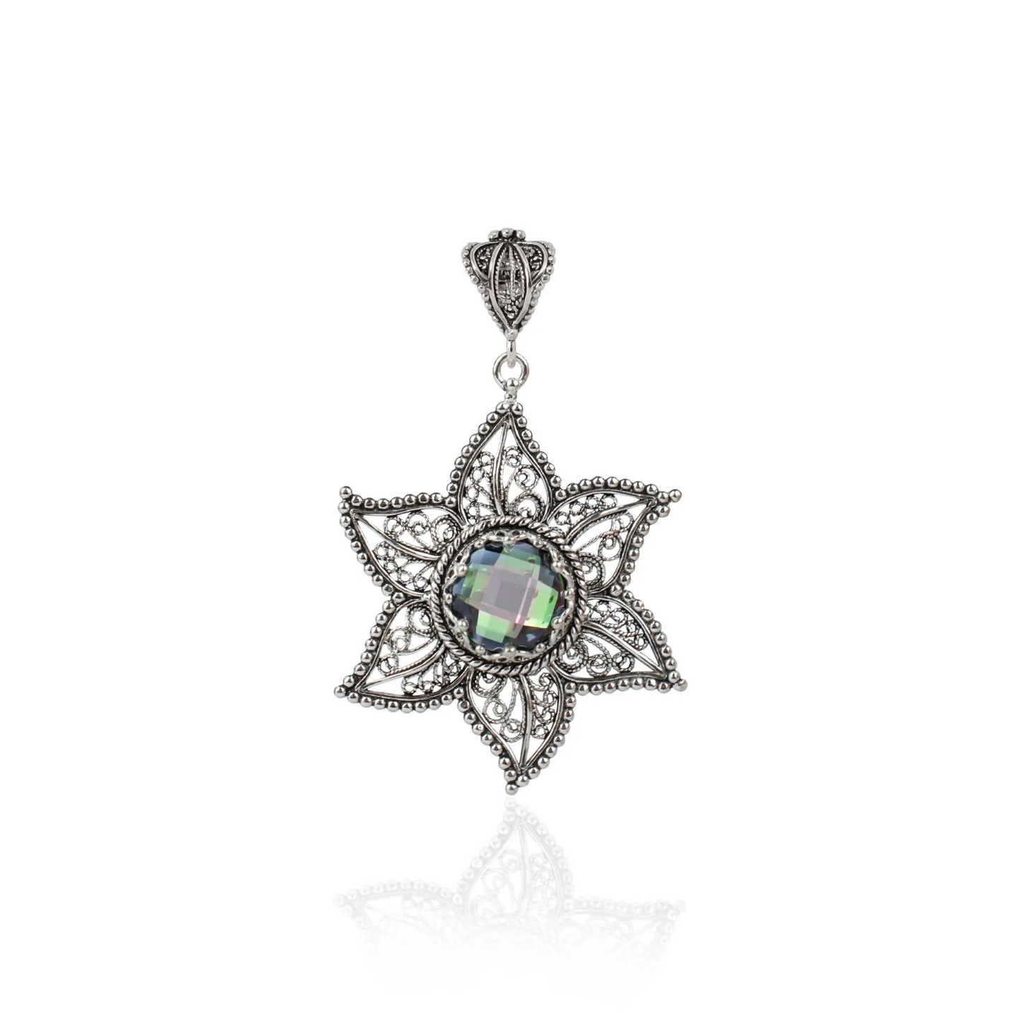 FiligranIst - Handcrafted Sterling Silver Filigree Art Rainbow Quartz Star Design Pendant Necklace