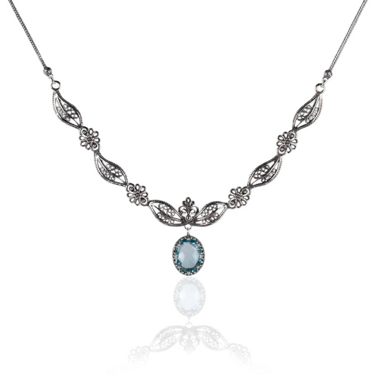 FiligranIst - Filigree Art Blue Topaz Gemstone Silver Princess Necklace