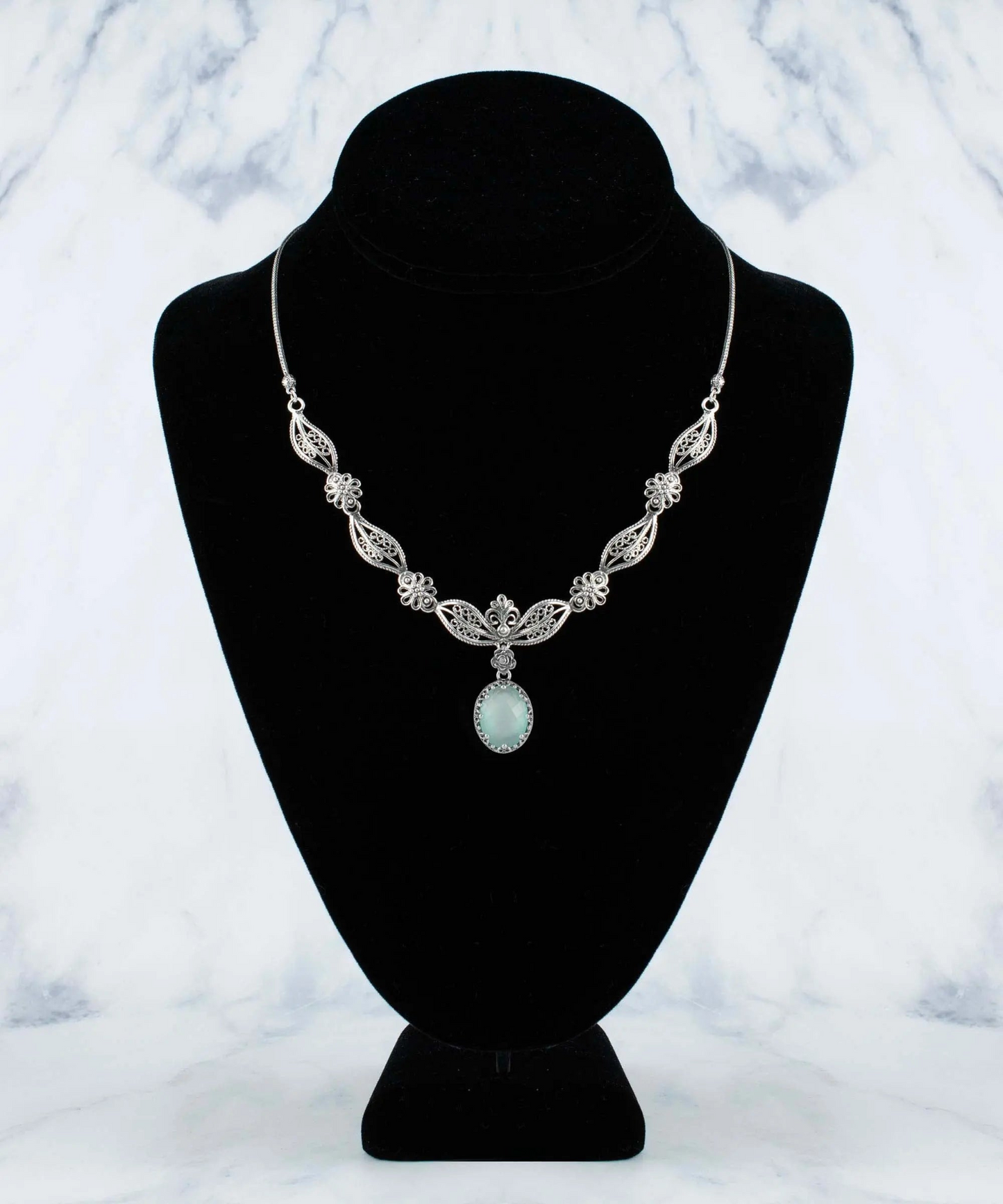 FiligranIst - Handcrafted Filigree Art Aqua Blue Chalcedony Silver Princess Necklace