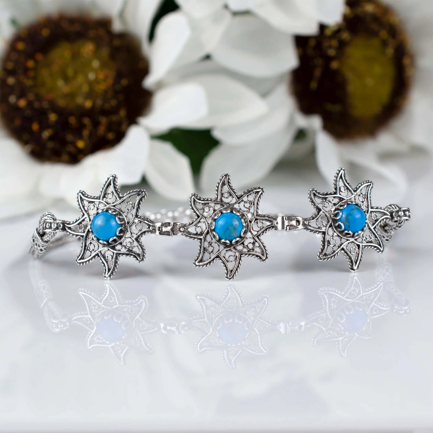 FiligranIst - Filigree Art Turquoise Gemstone Star Figured Women Silver Link Bracelet