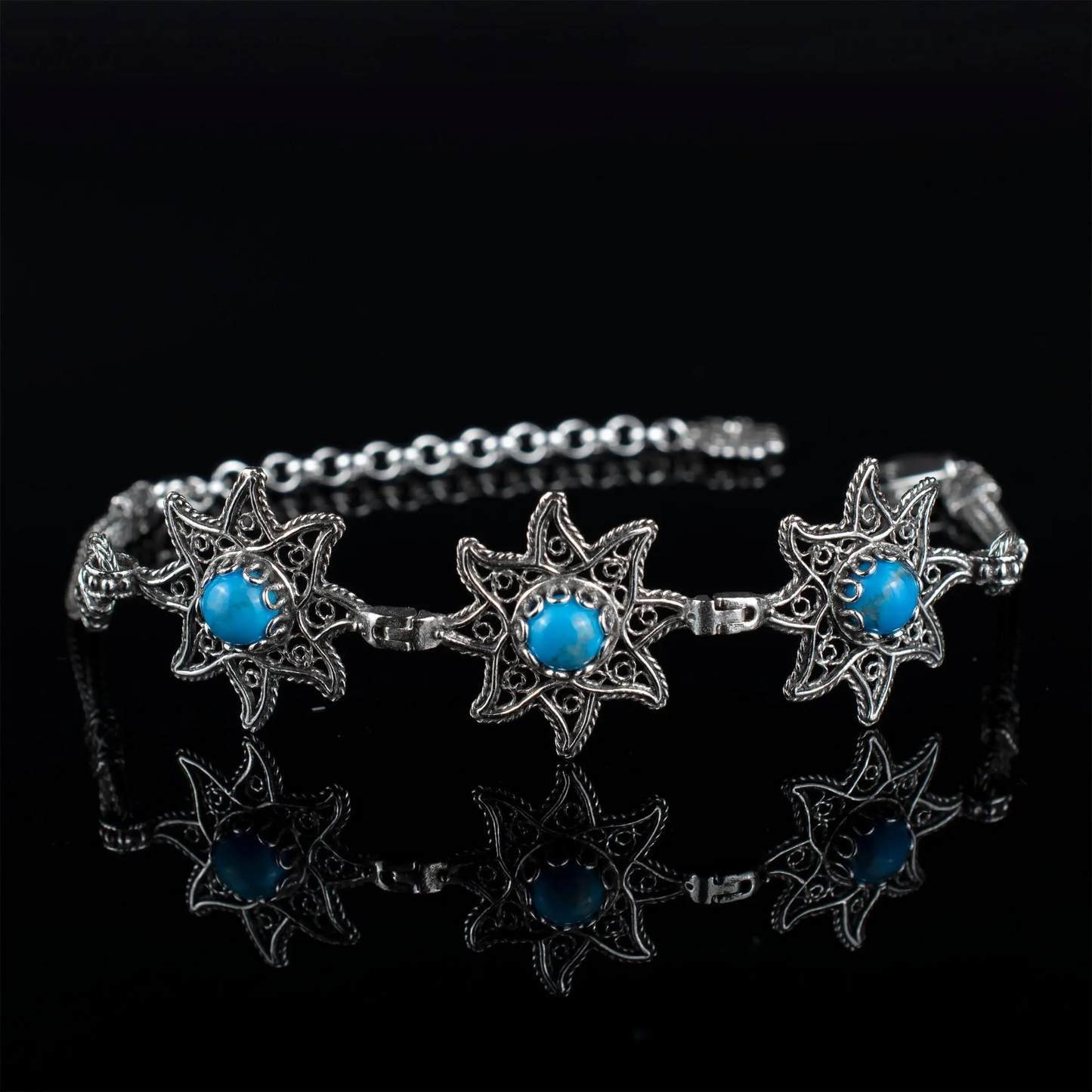 FiligranIst - Filigree Art Turquoise Gemstone Star Figured Women Silver Link Bracelet