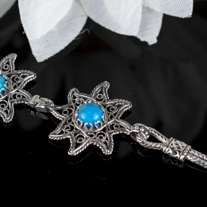 FiligranIst - Filigree Art Turquoise Gemstone Star Figured Women Silver Link Bracelet