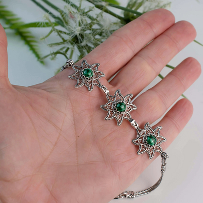 FiligranIst - Filigree Art Malachite Gemstone Star Figured Women Silver Link Bracelet