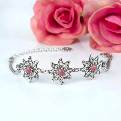 FiligranIst - Filigree Art Rhodonite Gemstone Star Figured Women Silver Link Bracelet