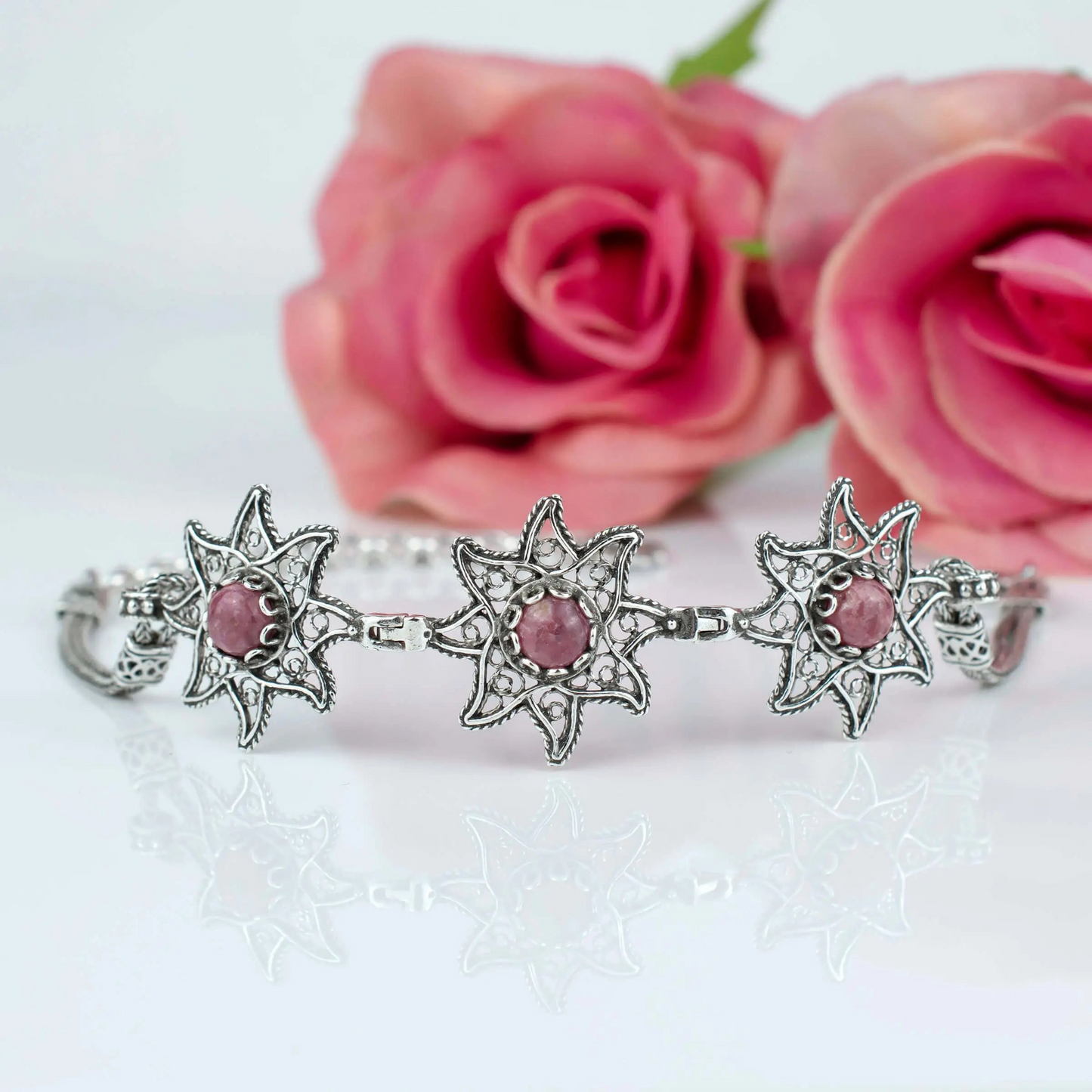 FiligranIst - Filigree Art Rhodonite Gemstone Star Figured Women Silver Link Bracelet