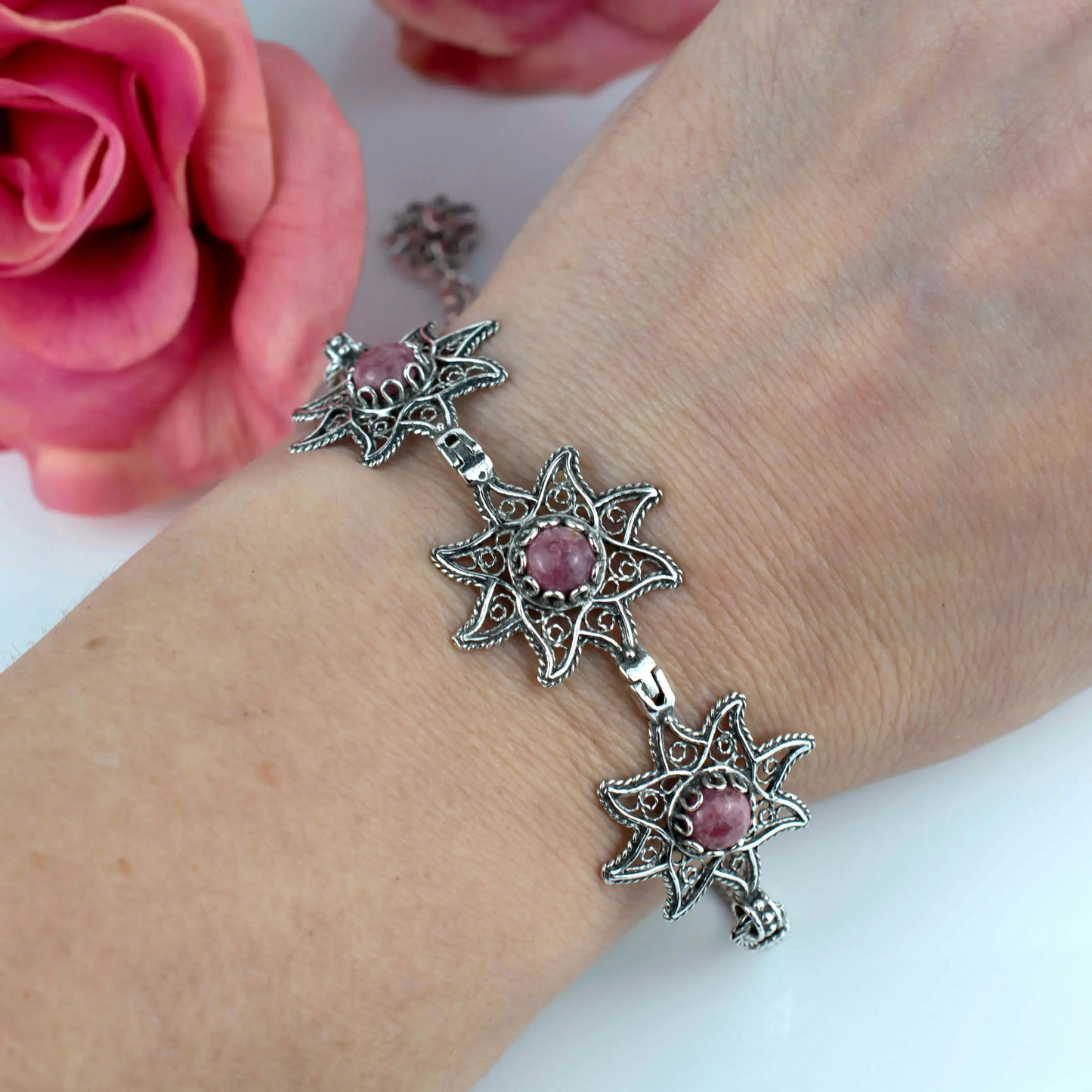 FiligranIst - Filigree Art Rhodonite Gemstone Star Figured Women Silver Link Bracelet