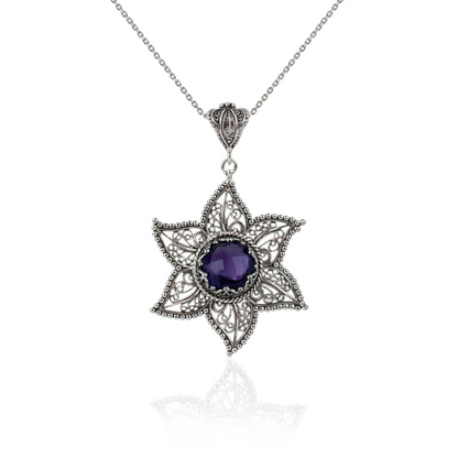 FiligranIst - Handcrafted Filigree Art Amethyst Gemstone Star Design Silver Pendant Necklace