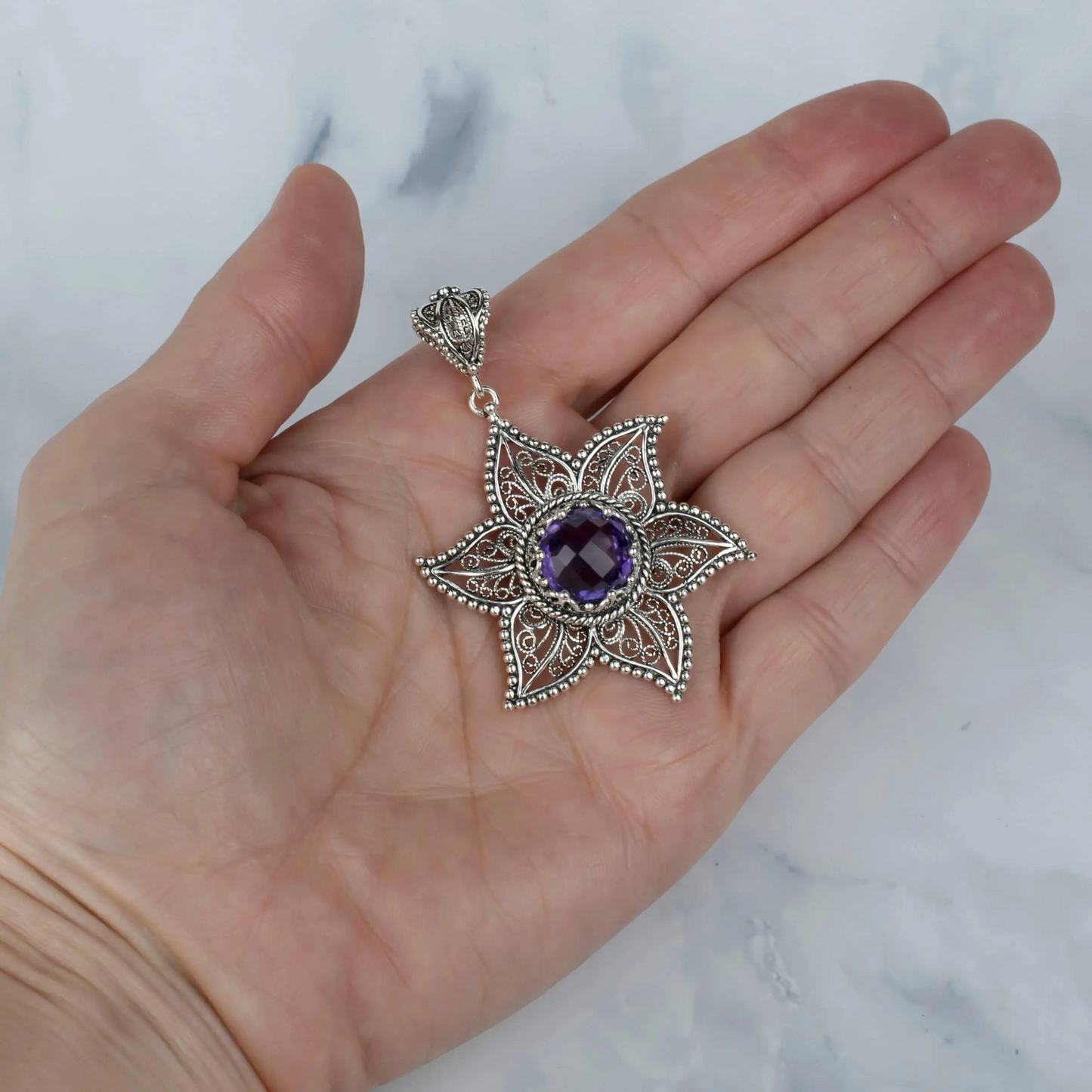 FiligranIst - Handcrafted Filigree Art Amethyst Gemstone Star Design Silver Pendant Necklace