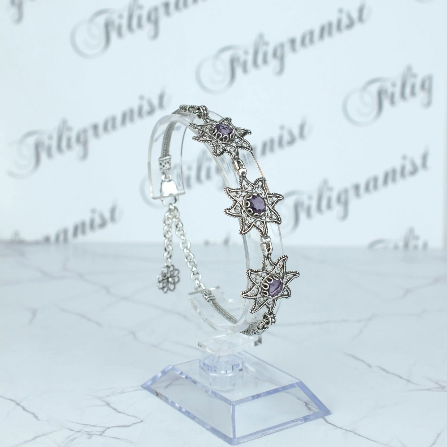 FiligranIst - Filigree Art Amethyst Gemstone Star Figured Women Silver Link Bracelet