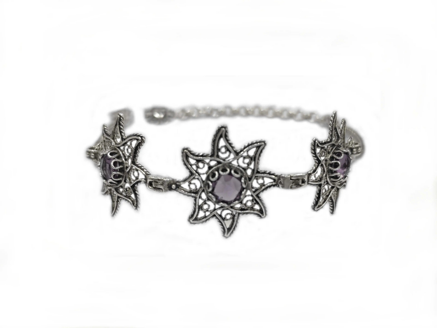 FiligranIst - Filigree Art Amethyst Gemstone Star Figured Women Silver Link Bracelet