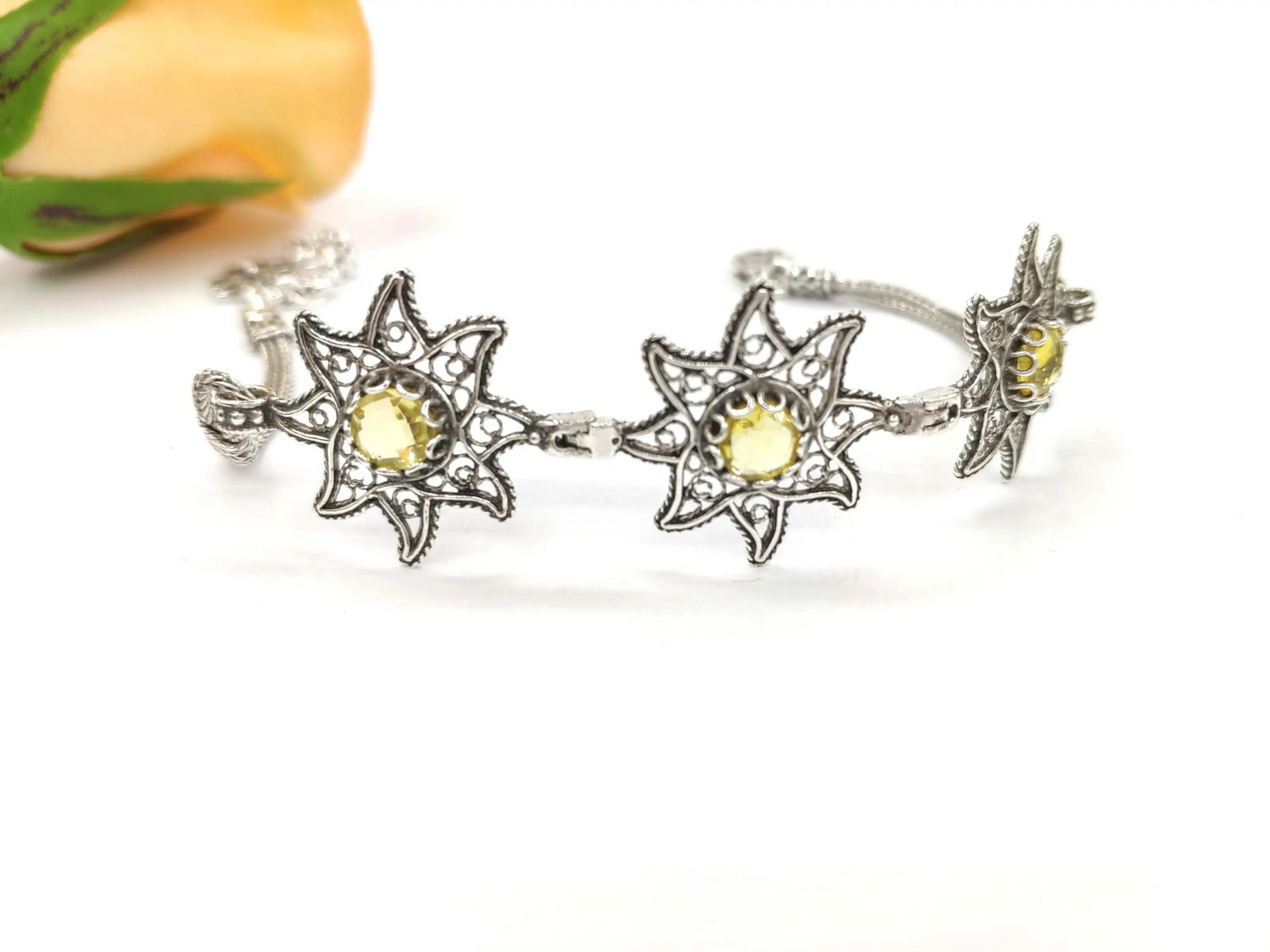 FiligranIst - Filigree Art Citrine Gemstone Star Figured Women Silver Link Bracelet